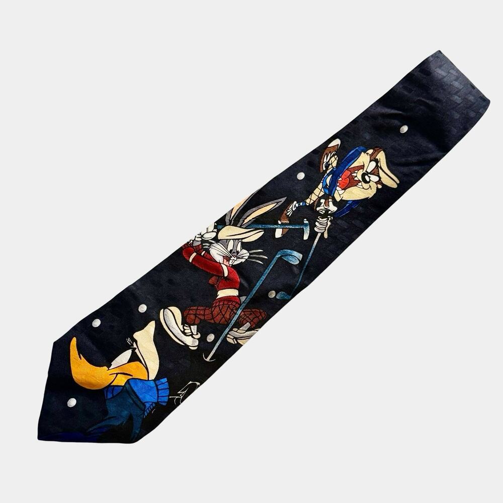 VTG 1996 Looney Tunes Bugs Bunny Taz Golfing Black/Navy Contrast Texture Tie